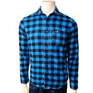 Hollister Flannel Shirt Mens Medium Blue Black Buffalo Plaid Long Sleeve